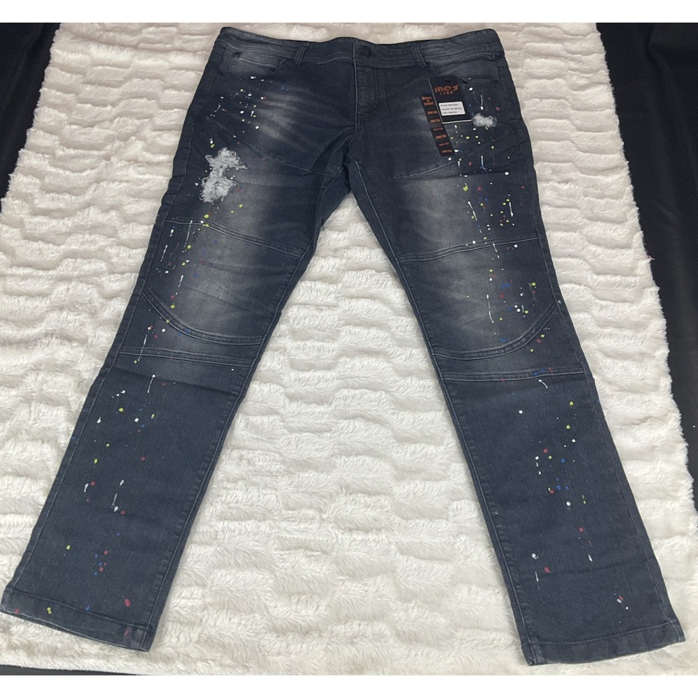 Ministry Of Fashion MOF Men's 38x32 Dark Indigo Paint Splatter Skinny Fit Jeans